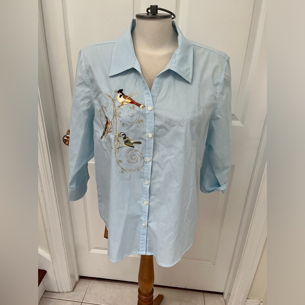 Tia Designs Blue with white stripes button down shirt with embroidery details